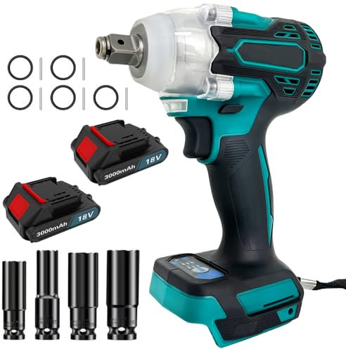 BUANKAD Cordless Impact Wrench 450N.m, 1/2 Inch Impact Wrench, 18V High Torque Power Impact Driver, with 2X 3000mAh Battery, LED Worklight, Electric Impact Variable Speeds for Family Car/Pickup Truck