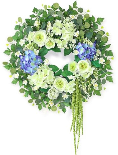 26 Hydrangea & Eucalyptus Wreath for Front Door, Porch, Window - Large Artificial Silk Flowers Outdoor Wreath for Home, Farmhouse, Wedding Decor - Spring, Summer, All Seasons (White&Purple)