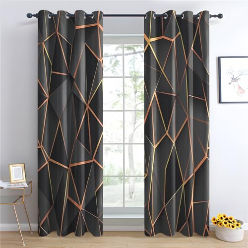 Luxfieo Geometrisch Vorhänge Grau Gold Modern Abstrakt Vorhang Blickdicht Gardinen 200cm Lang Verdunklungsvorhänge mit Ösen Thermovorhang für Wohnzimmer Schlafzimmer Kinderzimmer Fenster Deko 2er Set