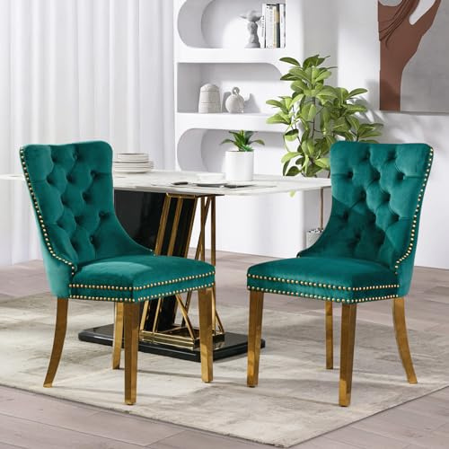 Esszimmerstühle mit gepolstertem Flügelrücken, grün und gold, 2er Set | Weicher Samtbezug, Tufting, Nietenbesatz, Rückenring, goldene Metallbeine. Ideal für Esszimmer, Wohnzimmer, Innendekoration.