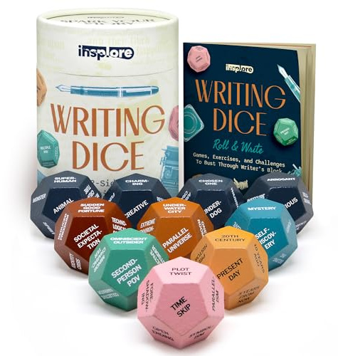 Insplore Dadi da scrittura in legno a 12 lati, 10 dadi da 2,5 cm per generare idee per storie e battere il blocco dello scrittore, playbook creativo con giochi e attività, ispira il tuo prossimo