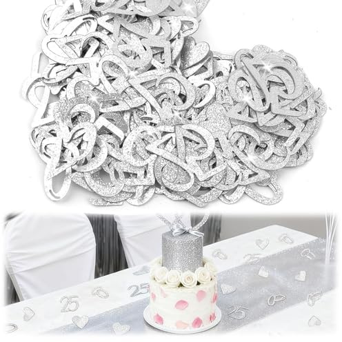 Konfetti Silberhochzeit Glitzer, 200 Stück Glitzer-Konfetti mit Zahl 25, Rings, Heart Motifs,Streudeko Silber Hochzeit, Deko Silberhochzeit 25 für Tisch, Kuchen und Geschenkverpackung