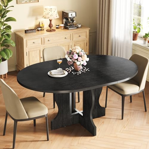 Mondeer Esstisch Rund Ausziehbar, 110-150cm Esszimmertisch Oval für 4 bis 8 Personen mit Metallrahmen Kreuzpodest et Abnehmbare Blätter, für Küche Restauran (Schwarz)