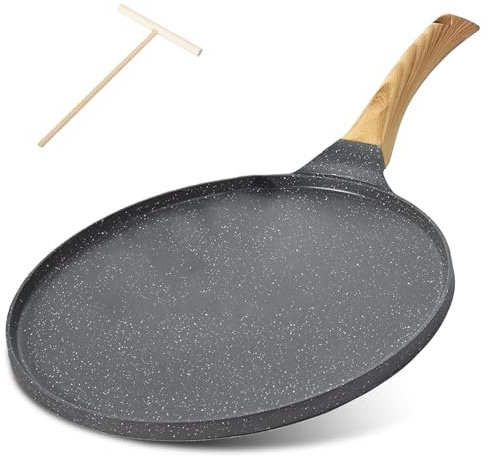 VEGOATY Crepe - Padella per pancake, 26 cm, con manico in bachelite, rivestimento antiaderente in granito da 26 cm, adatta per piani cottura a induzione, elettrici, in ceramica e a gas (grigio)