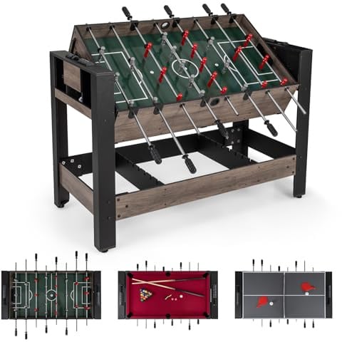 HOMASIS Multi Spieltisch, Multifunktionstisch mit Tischkicker & Billardtisch, Kickertisch Billard mit Bälle Queue Dreieck Bürste Kreide, Multigame-Tisch Kinder Erwachsene