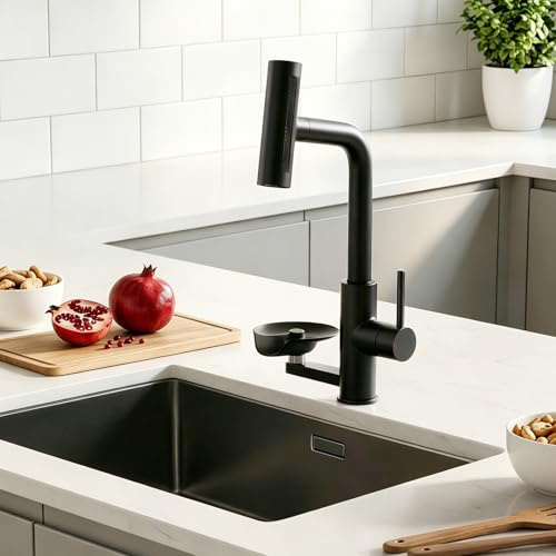 KAIYING Pull Out 1 Hole Stainless Steel Kitchen Mixer Tap with Glass Washer | 4 Spray Modes High Pressure Kitchen Sink Taps with Glass Rinser, Single Handle Tap for Kitchen, Bar, RV, Black