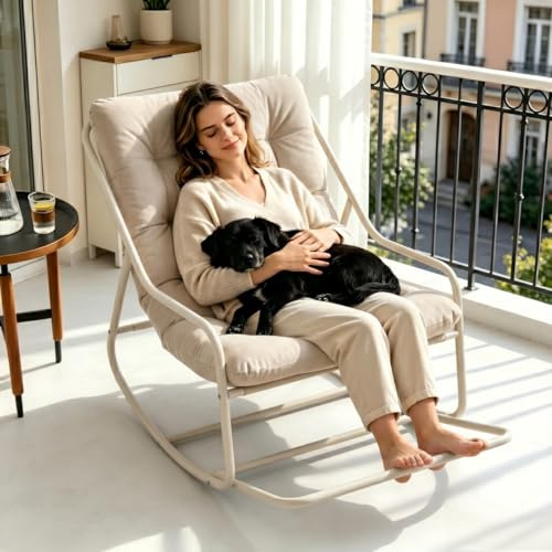 LIFEISLE Schaukelstuhl Loungesessel ohne Armlehnen, Lesenstuhl Relaxstuhl mit Metalrahmen, Stuhl drinnen & draußen für Wohnzimmer Balkon Garten, Spun Beige