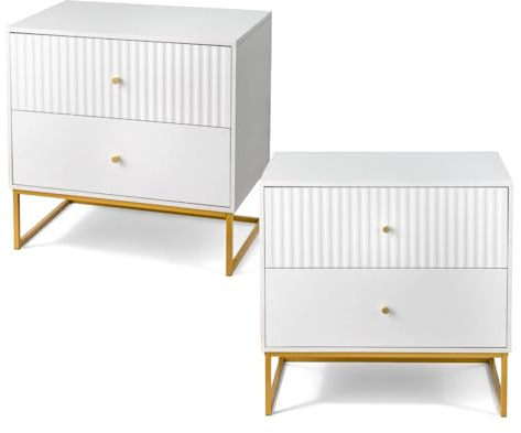 LEADZM Kommode Weiß 2er Set mit 2 Schublade, 70 x 46 x 69cm | Schubladenschrank , Kommodenschrank für Schlafzimmer, Wohnzimmer, Goldfarbene Metallbeine
