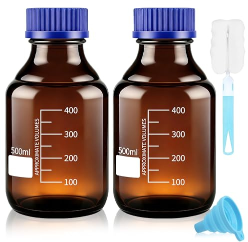 Maxumille 2er Set 500ml Graduierte Aufbewahrungsflaschen für Reagenzien | Braune Flaschen mit Bürste Trichter, Bernstein Glas Abgestufte mit GL45 Schraubverschluss, Laborflasche Glas für Labor