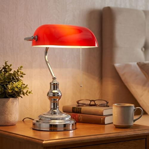 BARCELONA LED Bankerlampe E27 Chrom Rot Vintage | 260x390 mm, Metall Und Glas, Verstellbarer Schirm, Zugschalter, Für Arbeitszimmer Bibliothek Lesebereich