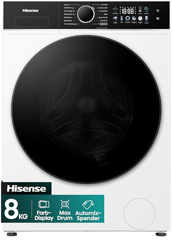 Hisense WF3I8043BWFAQ Waschmaschine mit Dampffunktion, 8 kg, 1400 U/Min, 18 Programme, Double-door, LED Display, Totaler AquaStop, iFit™, Automix-Spender, Max Drum, Smart Assist, EEK: A, Weiß
