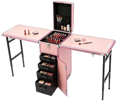VonVVer Portable Makeup Trolley with Table, Rolling Makeup Case with 4 Drawers and Two Foldable Side Tables, Nail Desk for Nail Tech, Beauty Trolley on Wheels for Manicure (Pink)