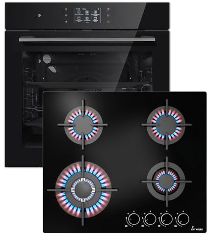 KKT KOLBE Set forno 60 cm EB8017TFT con display touch TFT e Soft Close | catalisi, pizza, grill, ventilato | piano cottura gas 59 cm vetro G604G 4 fuochi wok | SET8017TFTG604G
