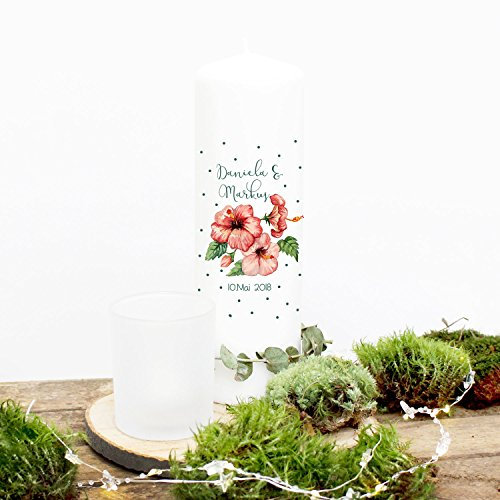 Hochzeitskerze Kerze zur Hochzeit Trauung Traukerze mit Hibiskus Blumen Punkten Wunschnamen & Datum wk53 ilka parey wandtattoo-welt®