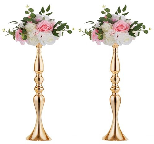NUPTIO Gold Blumenständer Hochzeit Tischdeko: 2 Stück 50cm Hohe Metall Vase Goldene Kerzenständer für Hochzeitsdeko Geburtstag Party Tisch Tafelaufsatz Jahrestag Dekorationen