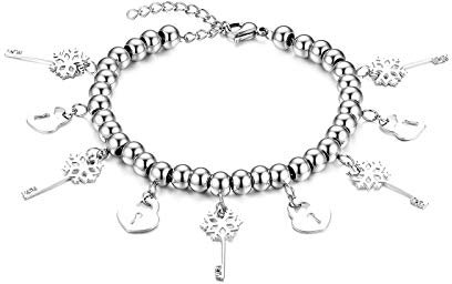 JewelryWe Damen Armband mit Schlüssel Schloss: Silber Edelstahl Perlenarmband mit Schneeflocke Schlüssel & Herz Sperren Anhänger Verstellbar Perlen Kugel Kette Link Charm Armkette Boho-Stil Schmuck