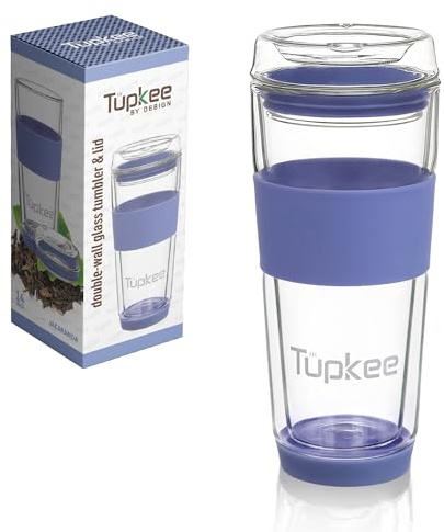 Tupkee Double Wall Glass Tumbler - 14-Ounce, All Glass Hand Blown Reusable Insulated Tea/Coffee Mug & Lid, Travel Mug - Jacaranda