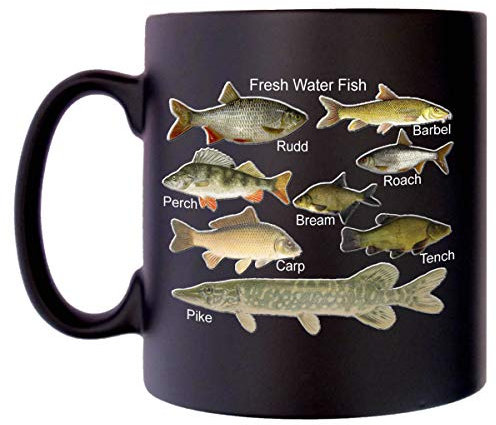 Klassek Fresh Fish Freshwater Fish Anglers Fishermans Fishing Mug for Men Coffee Tea 10oz Black Satin Gift Present