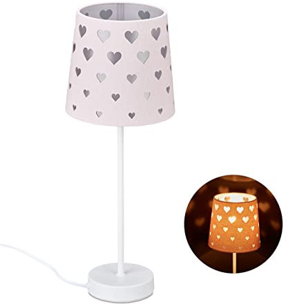 Relaxdays Nachttischlampe Kinder, Herzen, Stoff Lampenschirm, für Baby und Kind, Kinderlampe HxD: 43 x 16 cm, rosa-weiß