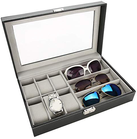 Ausla Porta Orologi e Gioielli in Pelle PU, Espositore per 6 Orologi e 3 Occhiali, 33 x 20 x 8 cm, Coperchio in Vetro