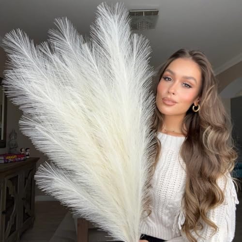 VOULUX 3 tallos de 115 cm, 18 plumas decorativas decorativas de flores artificiales para jarrones de suelo, color beige crema, extra grandes, color beige, flores largas de pampa