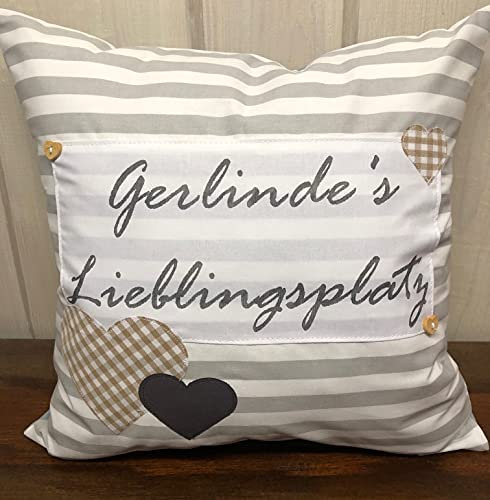 1 Kissenhülle, Kissenbezug,Landhausstil Kissen *Personalisierter Lieblingsplatz* grau/weiß gestreift mit Herzen (Baumwolle, 40x40)