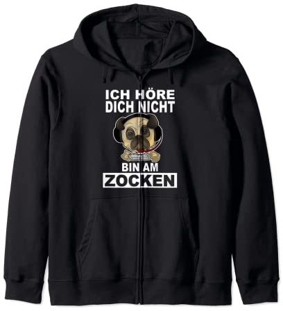 Pug Gamer Headset Gamer Saying Bin Am Zocken Gift Idea Zip Hoodie