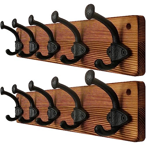 WEBI Garderobenleiste Holz,Wandgarderobe mit 5 Haken Gusseisen,Garderobenhaken Wand Garderobe Hakenleiste,Kleiderhaken Wand für Mäntel,Jacken,Rustikal Braun,2 Stück