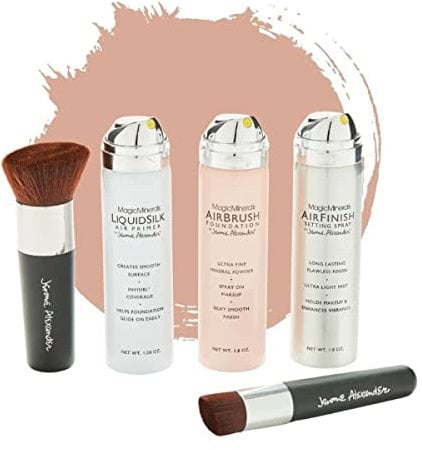 Jerome Alexander Magic Minerals AirBrush Foundation Set 5 St.Foundation + Primer & Fixier Spray + 2 Pinsel – Integriertes Make-up mit Hautpflege feuchtigkeitsspendend (Bright Light, 50 + 50 + 45 ml)