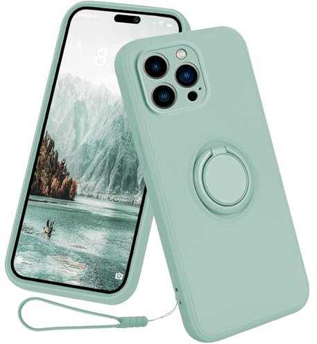 CAIOUS Silikon Hülle für iPhone 15/15 Plus/15 Pro/15 Pro Max(2023),Ring Case 360 Grad Halter Ständer handyhülle mit Band innem Microfaser Magnetischen Autohalterungen Cover (15 Pro Max, Helles Cyan)