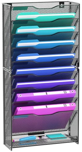 VEESUN 10 Tier Hanging Wall File Organizer, Wall File Holder Organizer Mounted Letter Mail Magazine File Rack With Flat Tray For Office Home School, Black