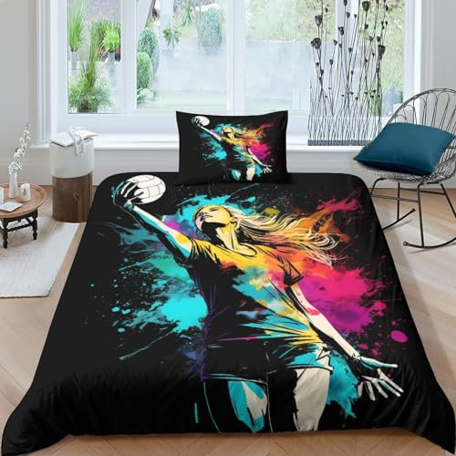 CRJUS Volleyball Leichtathleten Bettwäsche 3D Bettbezug Set Mit Reißverschluss Und Kissenbezug, Volleyball Mikrofaser Bettbezüge 2 Teilig Für Erwachsene Kinder Single（135x200cm）