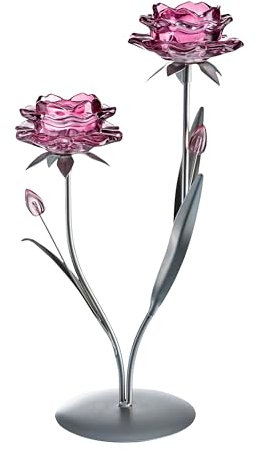 Teelichthalter Blüten aus Glas und Metall – 37 cm Hoch, Romantisches Rosenblüten-Design, Matt Silberfarben, Für Stimmungsvolle Beleuchtung