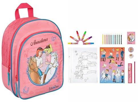 Kindergartenrucksack Bibi & Tina Mädchen - Personalisiert mit Name - Set Pferde Kinderrucksack mit Mal- und Schreibturm 35-TLG.