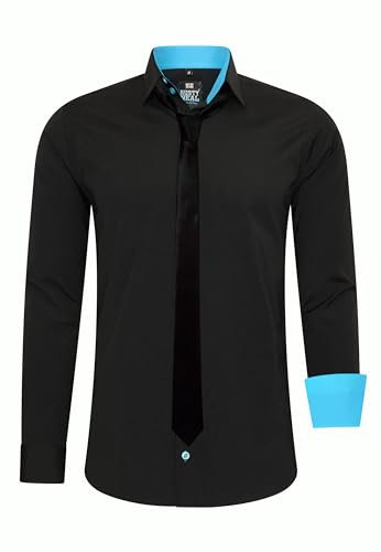 Rusty Neal Herren-Hemd Premium Slim Fit Langarm Stretch Kontrast Hemd mit Krawatte Business-Hemden Outfit Freizeithemd Set 44_99, Größe:2XL, Farbe:Schwarz/Türkis
