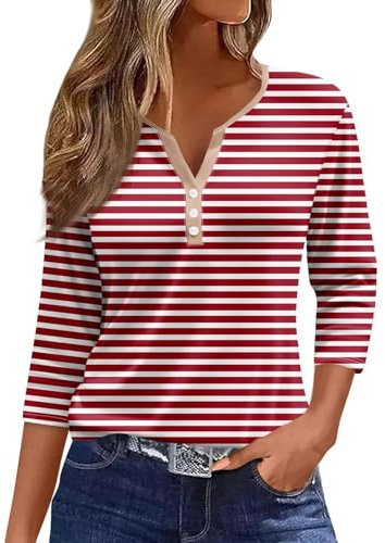 Generic HUIFUAO T-shirts pour femmes, T-shirts d'été à boutons avec col en V et manches 3/4 pour femmes, haut rayé de couleur, t-shirt d'été basique pour femme, coupe ample, A01 rouge., XXXL