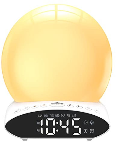 Despertador con luz de amanecer para personas que duermen mucho, máquina de sonido de ayuda para dormir de 7 colores con simulación de puesta de sol para niños y adultos, reloj despertador dual, radio
