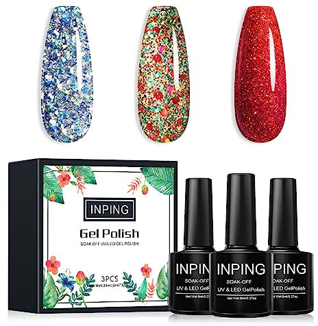 INPING UV Nagellack, 3 Farben Weihnachten Gel Nagellack Set, Glitzer Santa Rot Grün Gold Bunt Sparky Diamant Konfetti Soak Off UV für Nail Art Salon, Neujahr Schönheit Geschenke, 8 ML