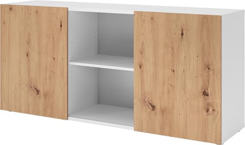 bümö Schwebetürenschrank, Sideboard Weiß/Asteiche - Büromöbel Sideboard Holz 160cm breit, 42cm schmal, Büro Schrank mit Schwebetür für Flur oder als Wohnzimmer-Kommode