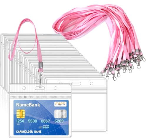 15 cordini rosa per collo con 15 porta carte, porta carte d'identità in plastica trasparente e cordino, orizzontali, sigillabili, impermeabili, porta badge con cordino per carte d'identità, ufficio,