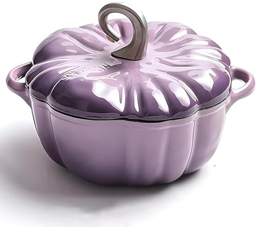 BESTXH Cast Iron Dutch Oven, Pumpkin Shape Cooking Pot Casserole with Lid and Handles, Non-Stick Stew Pot Soup Pot, Halloween Cooking Pot, Enamel Cookware Crock Pot,Purple,3.7L