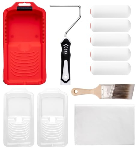 Mister Rui 4 Inch Foam Paint Roller Kit with Tray, Liners & Brush | High-Density Foam Rollers for Walls, Cabinets and Trim. Includes Magnetic Tray, Liners and Brush – Smooth, Streak-Free Finish