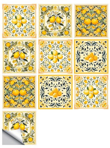 20 PCS Self Adhesive Tile Stickers,Modern Simplicity,Yellow Lemon,PVC Floor Tiles Decal,DIY Peel and Stick Wall Tiles,Waterproof Bathroom Tile Stickers,15x15cm