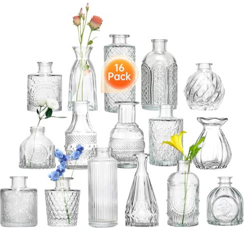Glass Bud Vase Set 16 Small Glass Vases with Elegant Design Mini Clear Flower Vase for Floral Arrangements Wedding Centerpiece Home and Parties Table Decorations