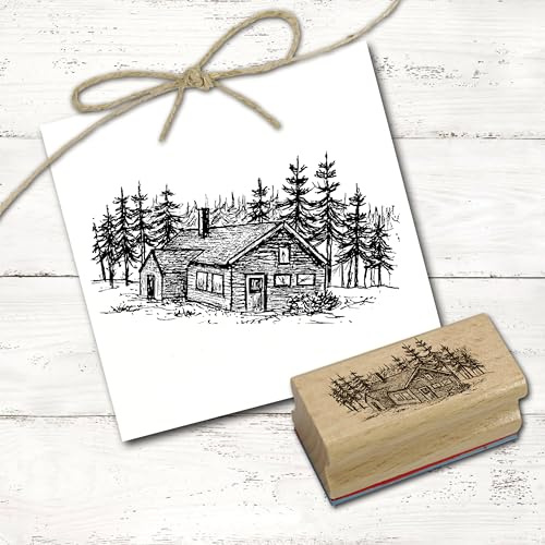 Dekolando Motivstempel Einsames Holzhaus im Wald - Stempel Holzstempel Cottage Natur Haus - Abdruck 68 x 38 mm