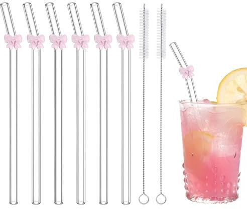 6 Pcs Glass Straws Shatter Resistant with Cute Pink Bow, Reusable Straw Dishwasher Safe with 2 Cleaning Brushes for Pink Lover, Juice, Summer Beach, Birthday Party
