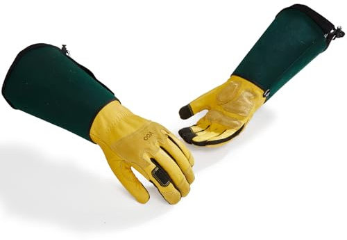 Vgo... Guantes de Jardinería(6.7 Gauntlet Anti-Espinas) Cuero de Vaca, Pantallas Táctiles, Resistencia a la Abrasión para Paisajismo, Poda de Rosales, Bricolaje Exterior(CA7472-UN,Amarillo,L,1 par)