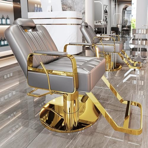 Barber Stuhl Herren mit Verstellbarer Rückenlehne 360° Drehbar Höhe Verstellbar PU-Leder Friseurstuhl mit Goldfarbenem Dickerem Pumpensockel und Fußpedal für Friseursalon Frisörladen Barbershop(Gray)