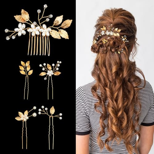 TIESOME Lot de 5 épingles à cheveux pour mariage - Feuilles d'or - Perles de cristal - Épingles à cheveux vintage - Pour mariées, demoiselles d'honneur et femmes