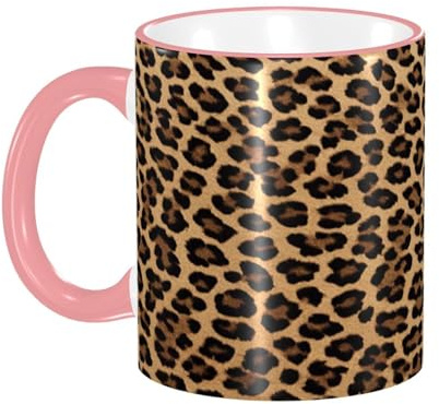 DZBDWZXH Pink Handle Ceramic Coffee Mugs 11oz, (Leopard Print) Print Restaurant Coffee Mug for Coffee,Cappuccino,Tea,Cocoa,Cereal